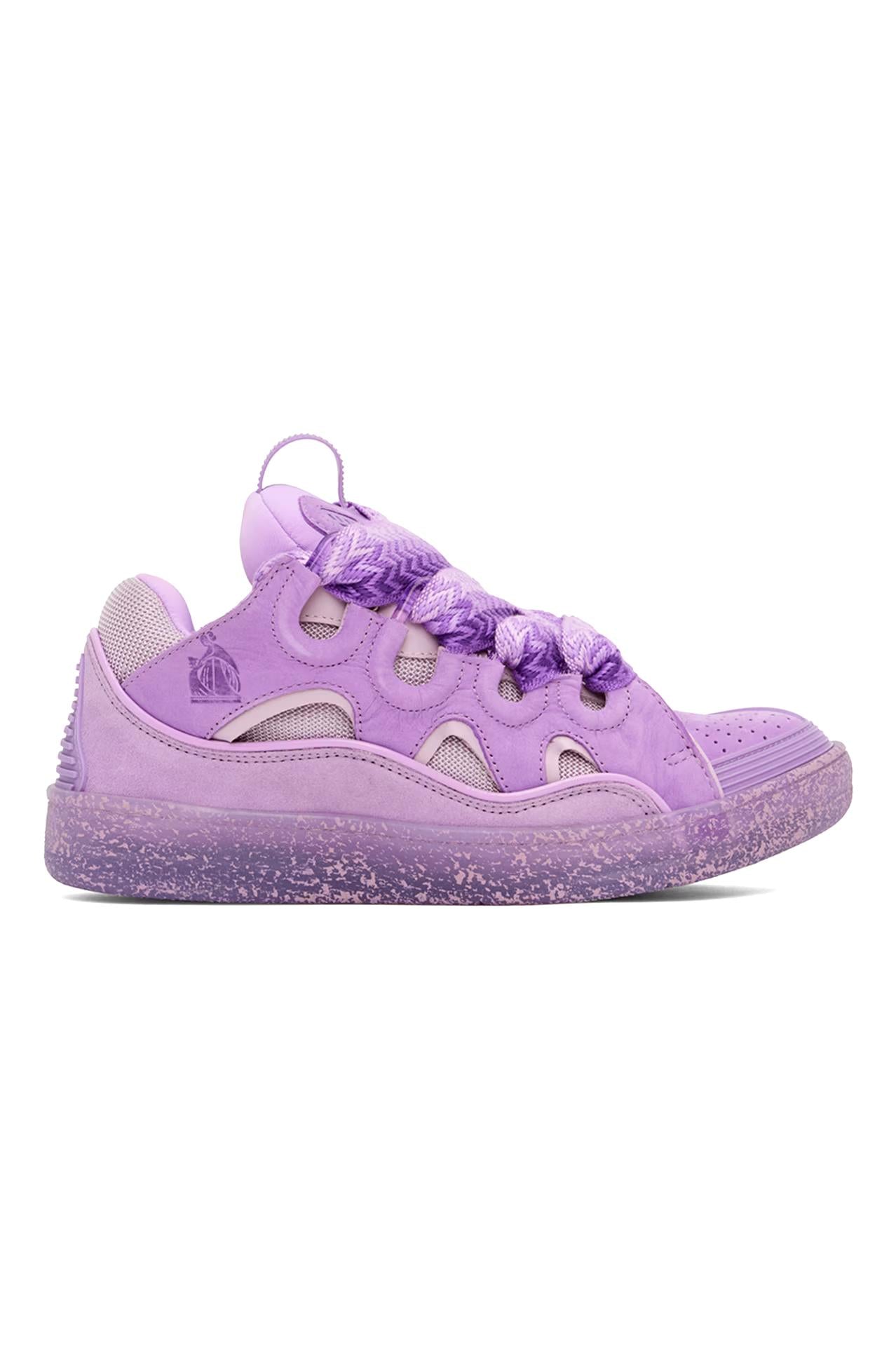 Low-top paneled nappa calfskin, suede, and mesh sneakers in purple.