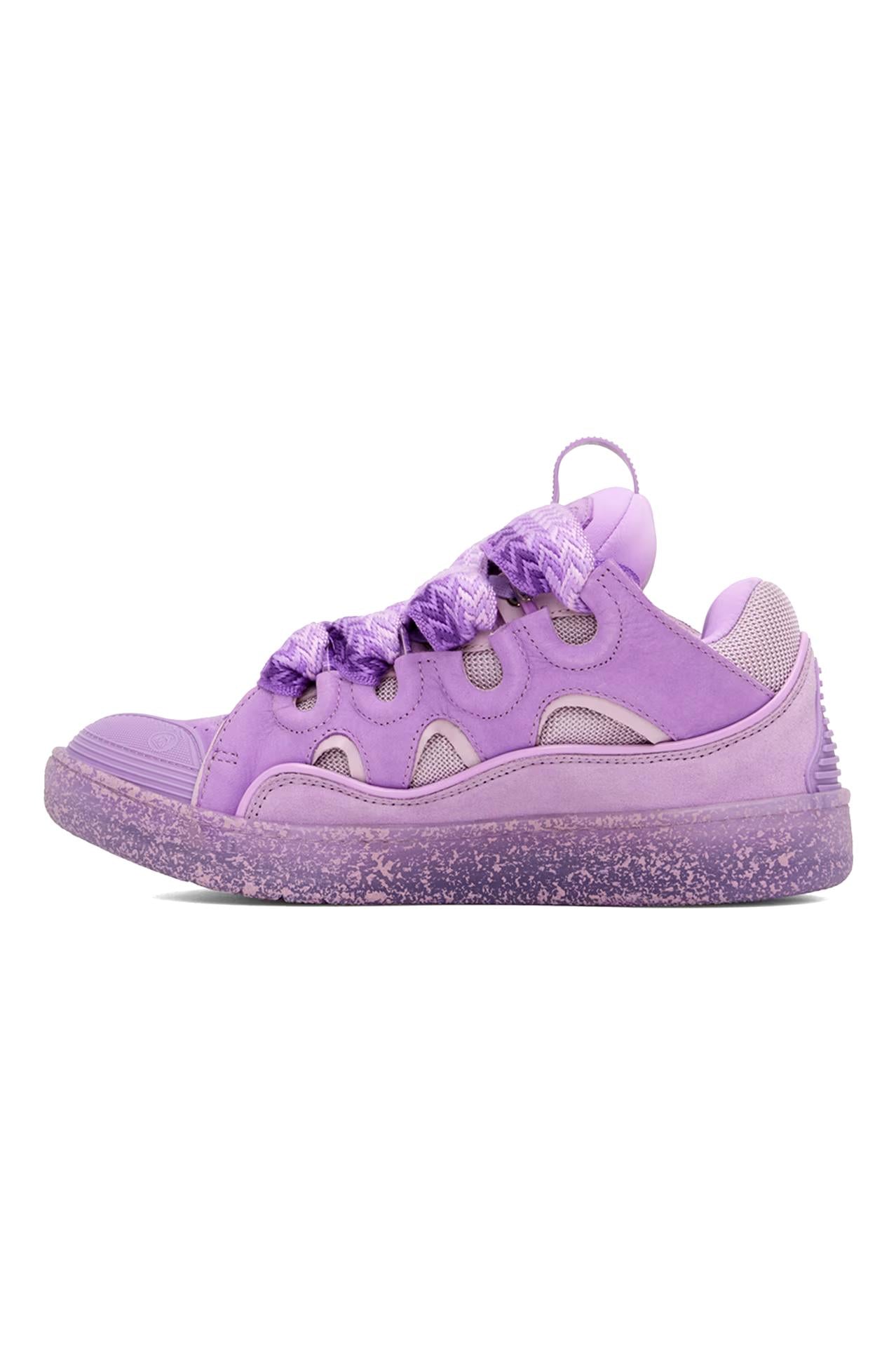 Low-top paneled nappa calfskin, suede, and mesh sneakers in purple.