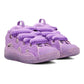 Low-top paneled nappa calfskin, suede, and mesh sneakers in purple.