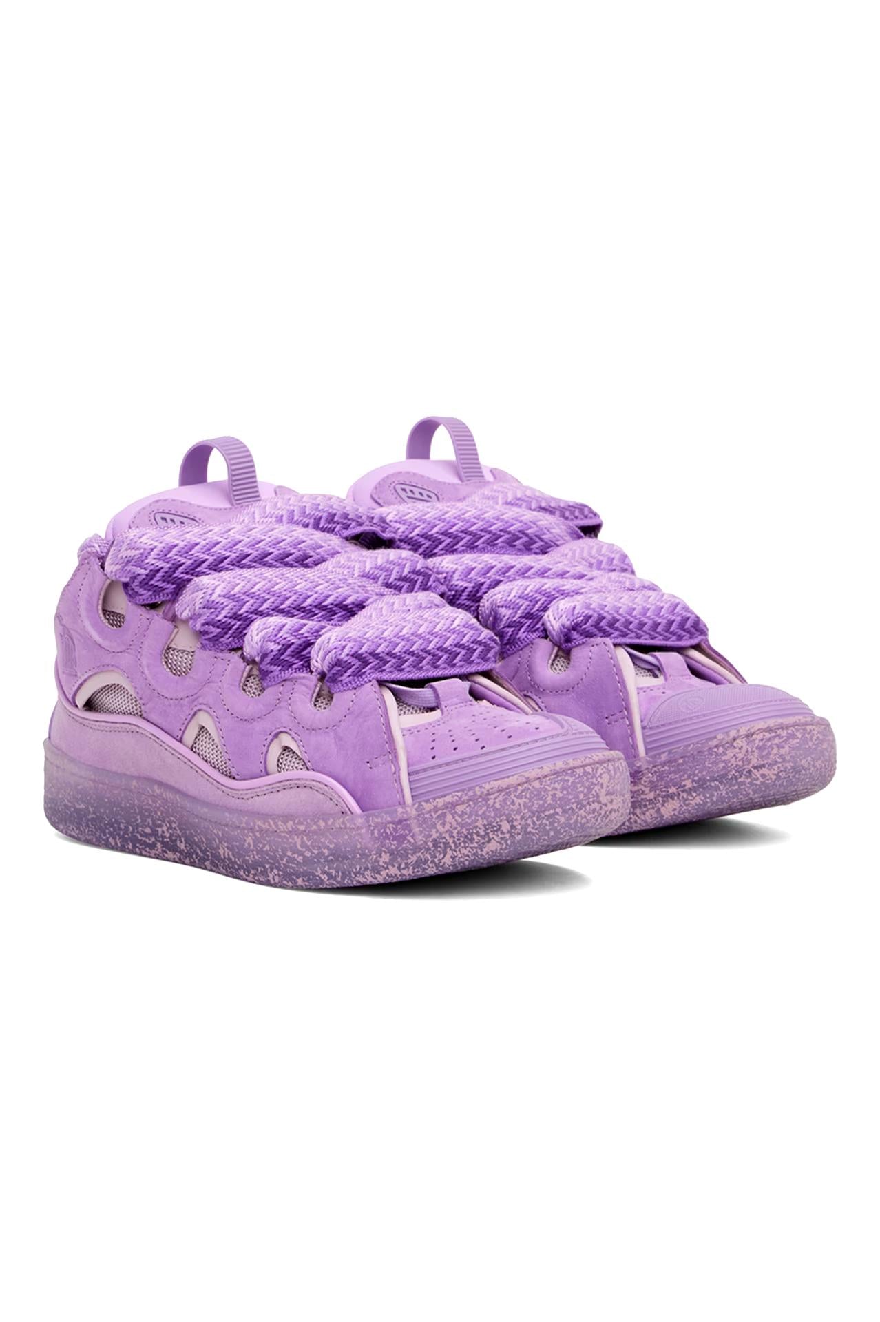 Low-top paneled nappa calfskin, suede, and mesh sneakers in purple.