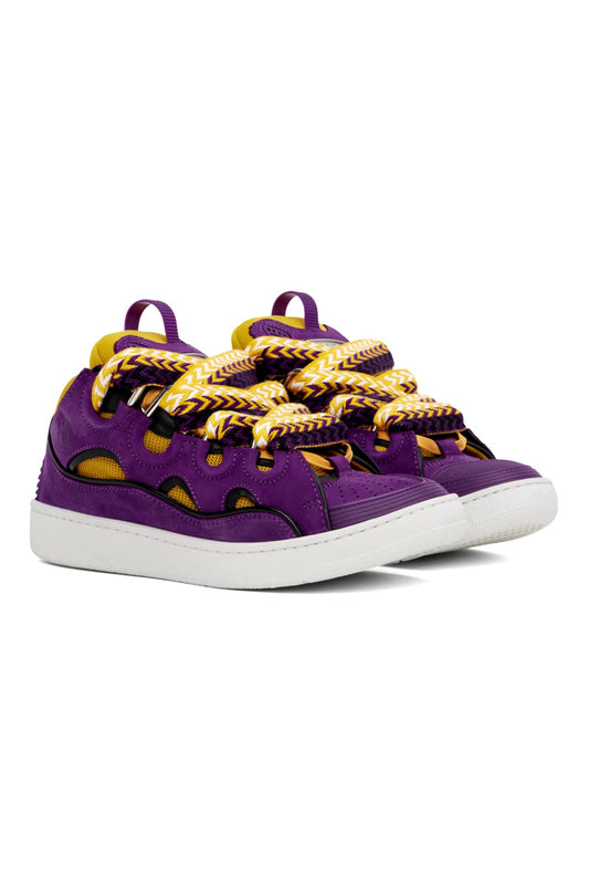 Low-top paneled nappa calfskin, suede, and mesh sneakers in purple and yellow.